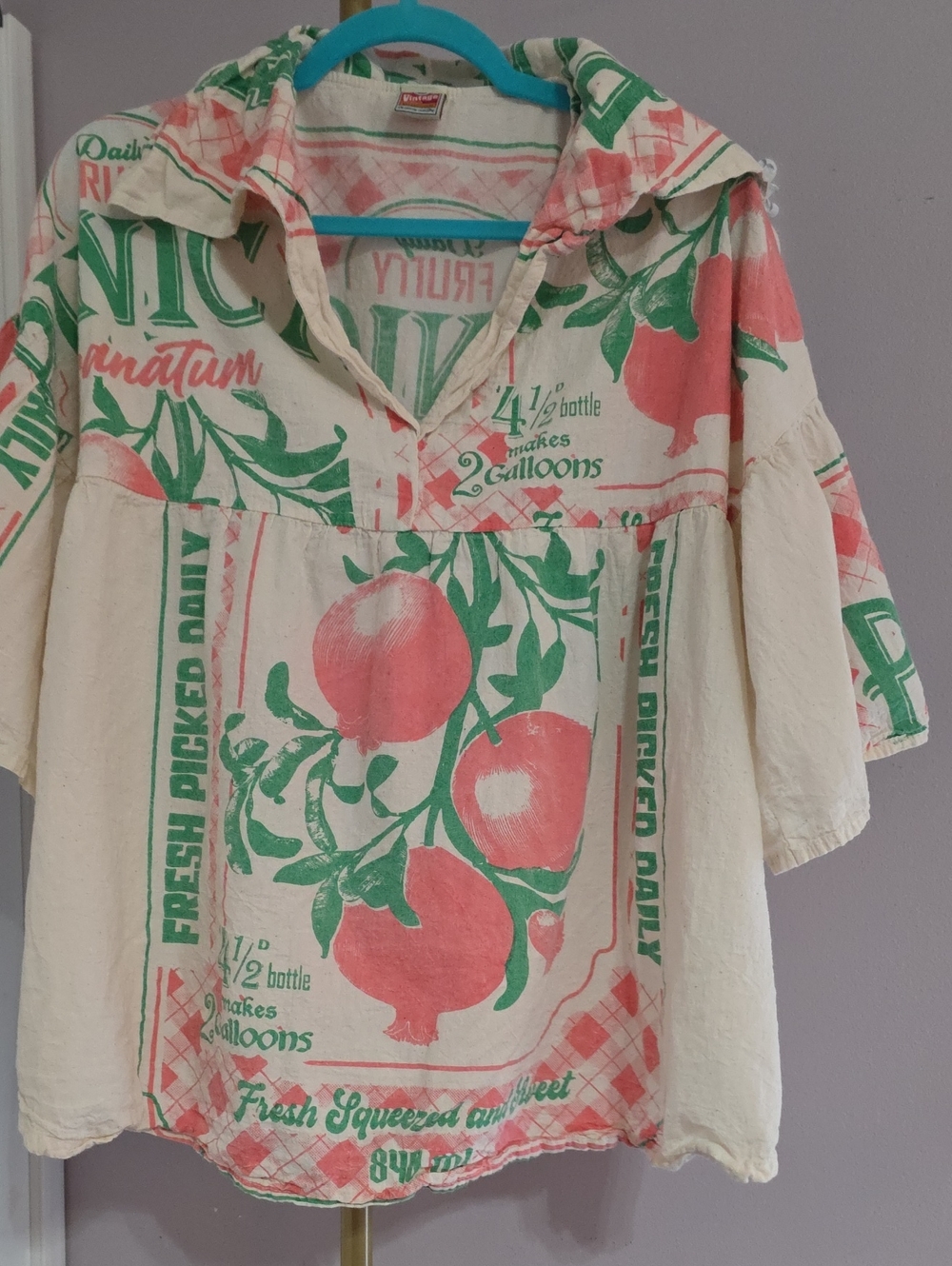 Vintage Feedsack "Fruity Punica" Shirt Cream Shirt Top with Pink & Green